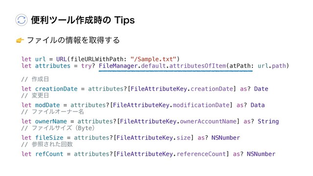 ศརπʔϧ࡞੒࣌ͷ5JQT
"ϑΝΠϧͷ৘ใΛऔಘ͢Δ
let url = URL(fileURLWithPath: "/Sample.txt")
let attributes = try? FileManager.default.attributesOfItem(atPath: url.path)
// ࡞੒೔
let creationDate = attributes?[FileAttributeKey.creationDate] as? Date
// มߋ೔
let modDate = attributes?[FileAttributeKey.modificationDate] as? Data
// ϑΝΠϧΦʔφʔ໊
let ownerName = attributes?[FileAttributeKey.ownerAccountName] as? String
// ϑΝΠϧαΠζʢByteʣ
let fileSize = attributes?[FileAttributeKey.size] as? NSNumber
// ࢀর͞Εͨճ਺
let refCount = attributes?[FileAttributeKey.referenceCount] as? NSNumber
