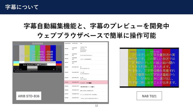 字幕について
12
字幕⾃動編集機能と、字幕のプレビューを開発中
ウェブブラウザベースで簡単に操作可能
ARIB STD-B36 NAB T021
