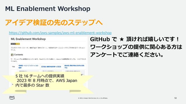 © 2023, Amazon Web Services, Inc. or its affiliates.
ML Enablement Workshop
52
52
アイデア検証の先のステップへ
https://github.com/aws-samples/aws-ml-enablement-workshop
5 社 16 チームへの提供実績
2023 年 8 月時点で、AWS Japan
内で最多の Star 数
GitHub で ★ 頂ければ嬉しいです！
ワークショップの提供に関心ある方は
アンケートでご連絡ください。
