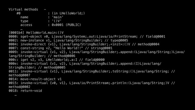 Virtual methods -
#0 : (in LHelloWorld;)
name : 'main'
type : '()V'
access : 0x0001 (PUBLIC)
…
[0001b4] HelloWorld.main:()V
0000: sget-object v0, Ljava/lang/System;.out:Ljava/io/PrintStream; // field@0001
0002: new-instance v1, Ljava/lang/StringBuilder; // type@0005
0004: invoke-direct {v1}, Ljava/lang/StringBuilder;.:()V // method@0004
0007: const-string v2, "Hello World!!" // string@0001
0009: invoke-virtual {v1, v2}, Ljava/lang/StringBuilder;.append:(Ljava/lang/String;)Ljava/
lang/StringBuilder; // method@0006
000c: iget v2, v3, LHelloWorld;.a:I // field@0000
000e: invoke-virtual {v1, v2}, Ljava/lang/StringBuilder;.append:(I)Ljava/lang/
StringBuilder; // method@0005
0011: invoke-virtual {v1}, Ljava/lang/StringBuilder;.toString:()Ljava/lang/String; //
method@0007
0014: move-result-object v1
0015: invoke-virtual {v0, v1}, Ljava/io/PrintStream;.println:(Ljava/lang/String;)V //
method@0002
0018: return-void
…
