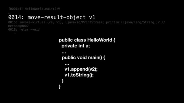 [0001b4] HelloWorld.main:()V
…
0014: move-result-object v1
0015: invoke-virtual {v0, v1}, Ljava/io/PrintStream;.println:(Ljava/lang/String;)V //
method@0002
0018: return-void
…
public class HelloWorld {
private int a;
…
public void main() {
…
v1.append(v2);
v1.toString();
}
}
