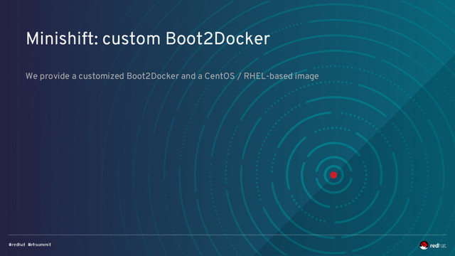 Minishift: custom Boot2Docker
We provide a customized Boot2Docker and a CentOS / RHEL-based image
