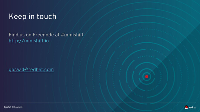 Keep in touch
Find us on Freenode at #minishift
http://minishift.io
gbraad@redhat.com
