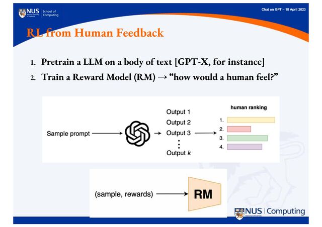Chat on GPT – 18 April 2023
RL from Human Feedback
1. Pretrain a LLM on a body of text [GPT-X, for instance]
2. Train a Reward Model (RM) → “
“how would a human feel?”
”
