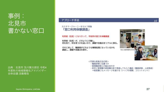 ࣄྫɿ
๺ݟࢢ
ॻ͔ͳ͍૭ޱ
Sayoko Shimoyama, LinkData 2023/11/22 27
ग़యɿ๺ݟࢢ ٴ઒৻ଠ࿠ࢯ ྩ࿨4
೥౓ळͷ஍Ҭ৘ใԽΞυόΠβʔ
શମձٞ ׆ಈใࠂ
