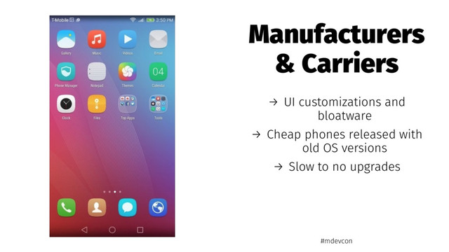 Manufacturers
& Carriers
→ UI customizations and
bloatware
→ Cheap phones released with
old OS versions
→ Slow to no upgrades
#mdevcon
