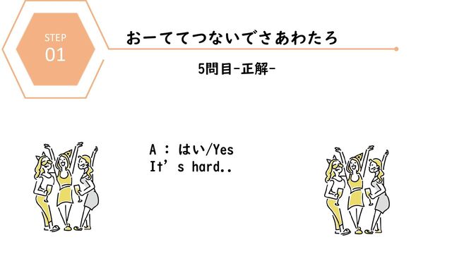 STEP
01
おーててつないでさあわたろ
5問目-正解-
A : はい/Yes
It’s hard..
