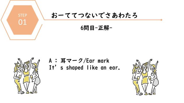 STEP
01
おーててつないでさあわたろ
6問目-正解-
A : 耳マーク/Ear mark
It’s shaped like an ear.
