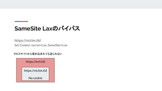 SameSite Laxのバイパス
https://victim.tld
Set-Cookie: secret=Lax; SameSite=Lax
https://evil.tld
https://victim.tld
No cookie
クロスサイトから埋め込まれても送られない
