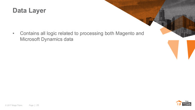 Page | 25
© 2017 Mage Titans
• Contains all logic related to processing both Magento and
Microsoft Dynamics data
Data Layer
