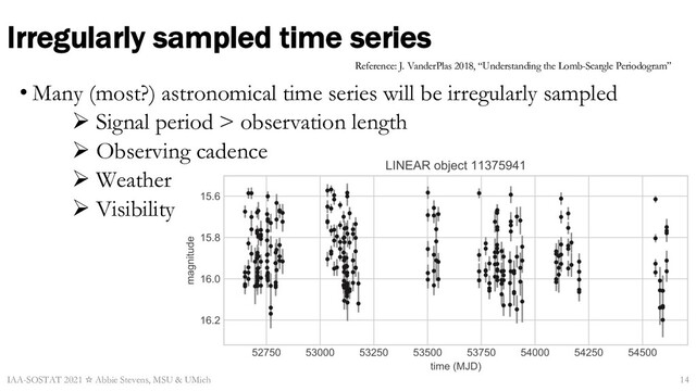 Irregularly sampled time series
• Many (most?) astronomical time series will be irregularly sampled
Ø Signal period > observation length
Ø Observing cadence
Ø Weather
Ø Visibility
IAA-SOSTAT 2021 ☆ Abbie Stevens, MSU & UMich 14
Reference: J. VanderPlas 2018, “Understanding the Lomb-Scargle Periodogram”

