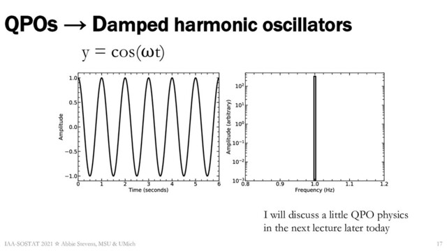 QPOs → Damped harmonic oscillators
IAA-SOSTAT 2021 ☆ Abbie Stevens, MSU & UMich
y = cos(⍵t)
17
I will discuss a little QPO physics
in the next lecture later today
