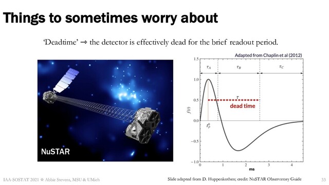 Things to sometimes worry about
IAA-SOSTAT 2021 ☆ Abbie Stevens, MSU & UMich 33
Slide adapted from D. Huppenkothen; credit: NuSTAR Observatory Guide
‘Deadtime’ ⇾ the detector is effectively dead for the brief readout period.
NuSTAR
