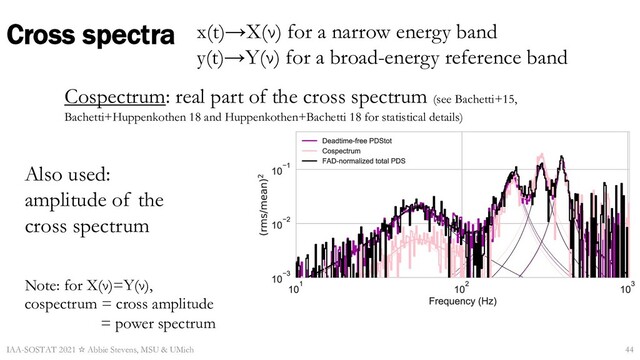 Cross spectra
IAA-SOSTAT 2021 ☆ Abbie Stevens, MSU & UMich
x(t)→X(ν) for a narrow energy band
y(t)→Y(ν) for a broad-energy reference band
Cospectrum: real part of the cross spectrum (see Bachetti+15,
Bachetti+Huppenkothen 18 and Huppenkothen+Bachetti 18 for statistical details)
Note: for X(ν)=Y(ν),
cospectrum = cross amplitude
= power spectrum
44
Also used:
amplitude of the
cross spectrum
