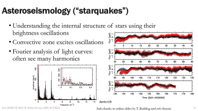 Asteroseismology (“starquakes”)
• Understanding the internal structure of stars using their
brightness oscillations
• Convective zone excites oscillations
• Fourier analysis of light curves:
often see many harmonics
IAA-SOSTAT 2021 ☆ Abbie Stevens, MSU & UMich Info thanks to online slides by T. Bedding and refs therein
Aerts+19
51
