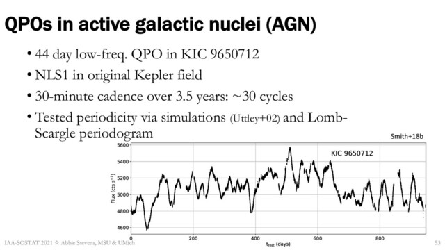 Smith+18b
• 44 day low-freq. QPO in KIC 9650712
• NLS1 in original Kepler field
• 30-minute cadence over 3.5 years: ~30 cycles
• Tested periodicity via simulations (Uttley+02) and Lomb-
Scargle periodogram
IAA-SOSTAT 2021 ☆ Abbie Stevens, MSU & UMich 53
QPOs in active galactic nuclei (AGN)
