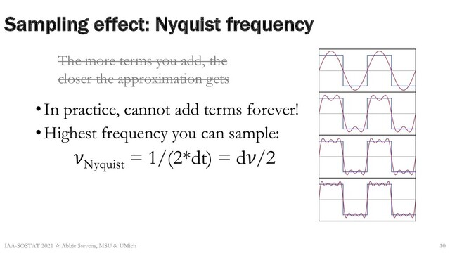 Sampling effect: Nyquist frequency
•In practice, cannot add terms forever!
•Highest frequency you can sample:
𝜈Nyquist
= 1/(2*dt) = d𝜈/2
IAA-SOSTAT 2021 ☆ Abbie Stevens, MSU & UMich 10
The more terms you add, the
closer the approximation gets
