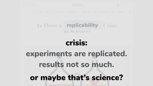 crisis:
experiments are replicated.
results not so much.
or maybe that’s science?
replicability
