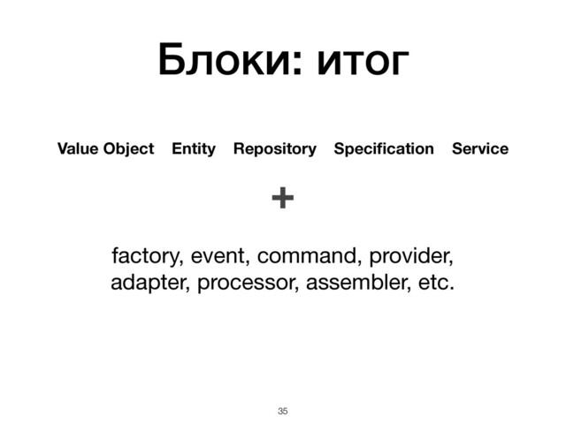Блоки: итог
Value Object Entity Repository Speciﬁcation Service
➕

factory, event, command, provider,  
adapter, processor, assembler, etc.
!35
