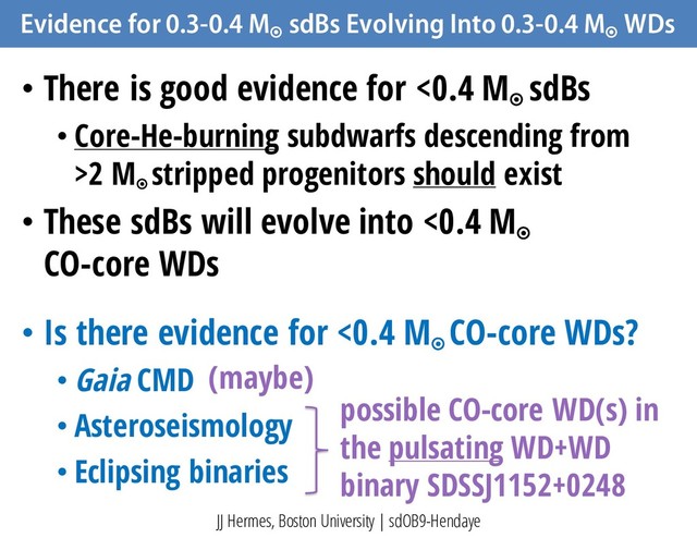 Evidence for 0.3-0.4 M
¤
sdBs Evolving Into 0.3-0.4 M
¤
WDs
JJ Hermes, Boston University | sdOB9-Hendaye
• There is good evidence for <0.4 M¤
sdBs
• Core-He-burning subdwarfs descending from
>2 M
¤
stripped progenitors should exist
• These sdBs will evolve into <0.4 M¤
CO-core WDs
• Is there evidence for <0.4 M¤
CO-core WDs?
• Gaia CMD
• Asteroseismology
• Eclipsing binaries
possible CO-core WD(s) in
the pulsating WD+WD
binary SDSSJ1152+0248
(maybe)
