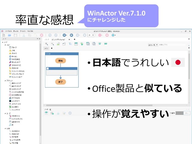 率直な感想
•日本語でうれしい
•Office製品と似ている
•操作が覚えやすい
WinActor Ver.7.1.0
にチャレンジした
