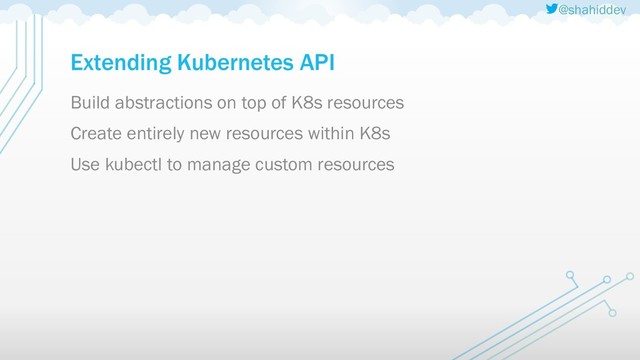 @shahiddev
Extending Kubernetes API
Build abstractions on top of K8s resources
Create entirely new resources within K8s
Use kubectl to manage custom resources
