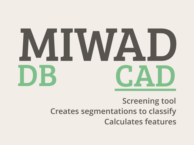 Screening tool
Creates segmentations to classify
MIWAD
CAD
DB
Calculates features
