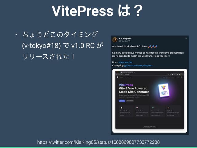 VitePress ͸ʁ
• ͪΐ͏Ͳ͜ͷλΠϛϯά
(v-tokyo#18) Ͱ v1.0 RC ͕
ϦϦʔε͞Εͨʂ
https://twitter.com/KiaKing85/status/1688869807733772288
