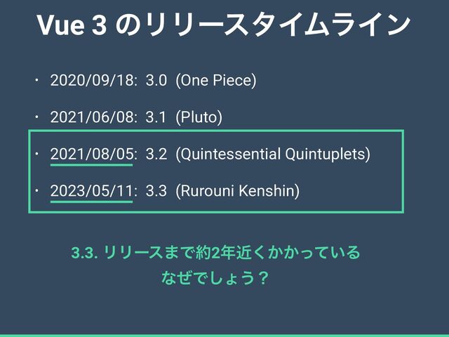 Vue 3 ͷϦϦʔελΠϜϥΠϯ
• 2020/09/18: 3.0 (One Piece)


• 2021/06/08: 3.1 (Pluto)


• 2021/08/05: 3.2 (Quintessential Quintuplets)


• 2023/05/11: 3.3 (Rurouni Kenshin)
3.3. ϦϦʔε·Ͱ໿2೥͔͔͍ۙͬͯ͘Δ


ͳͥͰ͠ΐ͏ʁ
