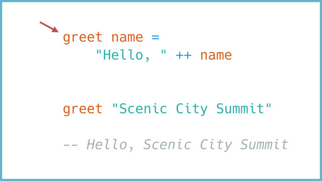 greet name =
"Hello, " ++ name
greet "Scenic City Summit"
-- Hello, Scenic City Summit
