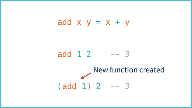add x y = x + y
add 1 2 -- 3
(add 1) 2 -- 3
New function created

