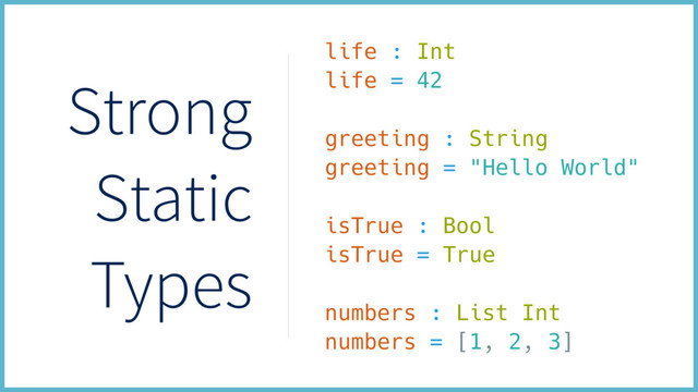 Strong
Static
Types
life : Int
life = 42
greeting : String
greeting = "Hello World"
isTrue : Bool
isTrue = True
numbers : List Int
numbers = [1, 2, 3]
