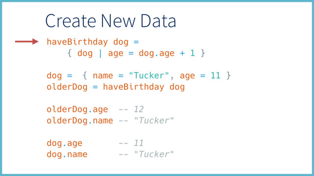 haveBirthday dog =
{ dog | age = dog.age + 1 }
dog = { name = "Tucker", age = 11 }
olderDog = haveBirthday dog
olderDog.age -- 12
olderDog.name -- "Tucker"
dog.age -- 11
dog.name -- "Tucker"
Create New Data
