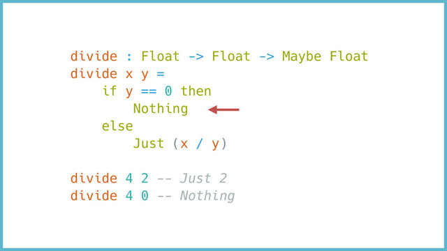 divide : Float -> Float -> Maybe Float
divide x y =
if y == 0 then
Nothing
else
Just (x / y)
divide 4 2 -- Just 2
divide 4 0 -- Nothing
