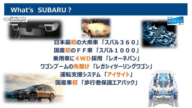 What’s SUBARU？
日本最初の大衆車 「スバル３６０」
国産初のＦＦ車 「スバル１０００」
乗用車に４ＷＤ採用 「レオーネバン」
ワゴンブームの先駆け 「レガシィツーリングワゴン」
運転支援システム 「アイサイト」
国産車初 「歩行者保護エアバック」
