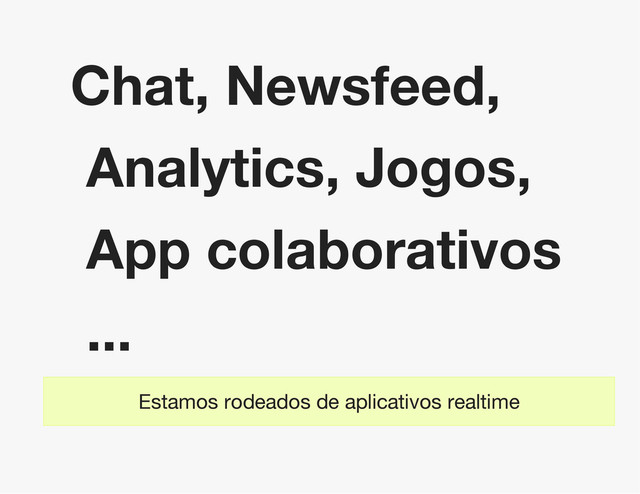Chat, Newsfeed,
Analytics, Jogos,
App colaborativos
...
Estamos rodeados de aplicativos realtime
