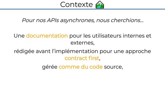 Contexte 🏞️
Pour nos APIs asynchrones, nous cherchions…

Une documentation pour les utilisateurs internes et
externes,
rédigée avant l’implémentation pour une approche
contract first,
gérée comme du code source,
