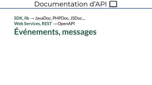 Documentation d’API 📖
SDK, lib → JavaDoc, PHPDoc, JSDoc…
Web Services, REST → OpenAPI
Événements, messages
