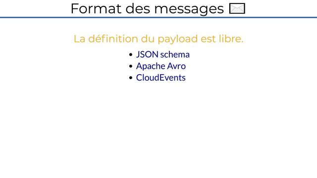 Format des messages ✉️
La définition du payload est libre.
JSON schema
Apache Avro
CloudEvents
