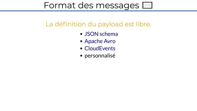Format des messages ✉️
La définition du payload est libre.
JSON schema
Apache Avro
CloudEvents
personnalisé
