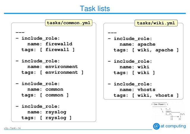 v1b – TonK – 14
Task lists
---
- include_role:
name: firewalld
tags: [ firewall ]
- include_role:
name: environment
tags: [ environment ]
- include_role:
name: common
tags: [ common ]
- include_role:
name: rsyslog
tags: [ rsyslog ]
tasks/common.yml
---
- include_role:
name: apache
tags: [ wiki, apache ]
- include_role:
name: wiki
tags: [ wiki ]
- include_role:
name: vhosts
tags: [ wiki, vhosts ]
tasks/wiki.yml
