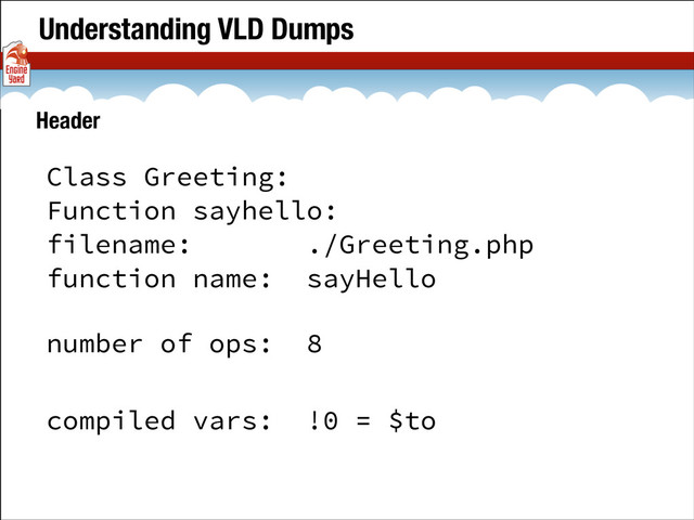 Understanding VLD Dumps
Class Greeting:
Function sayhello:
filename: ./Greeting.php
function name: sayHello
Header
compiled vars: !0 = $to
number of ops: 8
