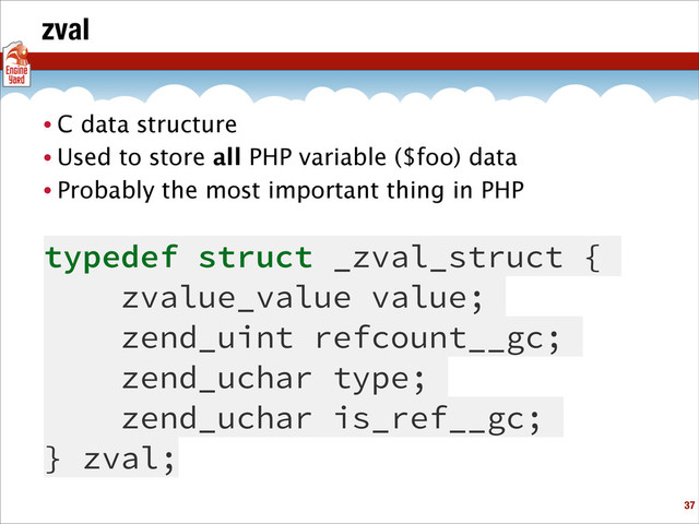 zval
• C data structure
• Used to store all PHP variable ($foo) data
• Probably the most important thing in PHP
!
typedef struct _zval_struct {
zvalue_value value;
zend_uint refcount__gc;
zend_uchar type;
zend_uchar is_ref__gc;
} zval;
!37
