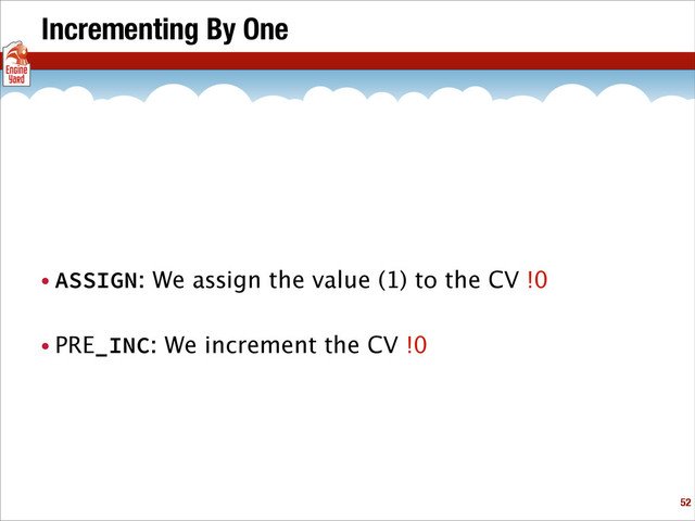 Incrementing By One
• ASSIGN: We assign the value (1) to the CV !0
• PRE_INC: We increment the CV !0
!52
