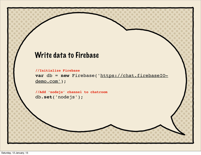//Initialize Firebase
var db = new Firebase('https://chat.firebaseIO-
demo.com');
//Add ‘nodejs’ channel to chatroom
db.set('nodejs');
Write data to Firebase
Saturday, 12 January, 13
