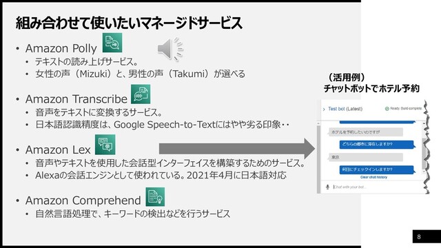 組み合わせて使いたいマネージドサービス
• Amazon Polly
• テキストの読み上げサービス。
• 女性の声（Mizuki）と、男性の声（Takumi）が選べる
8
• Amazon Transcribe
• 音声をテキストに変換するサービス。
• 日本語認識精度は、Google Speech-to-Textにはやや劣る印象・・
• Amazon Lex
• 音声やテキストを使用した会話型インターフェイスを構築するためのサービス。
• Alexaの会話エンジンとして使われている。2021年4月に日本語対応
• Amazon Comprehend
• 自然言語処理で、キーワードの検出などを行うサービス
（活用例）
チャットボットでホテル予約
