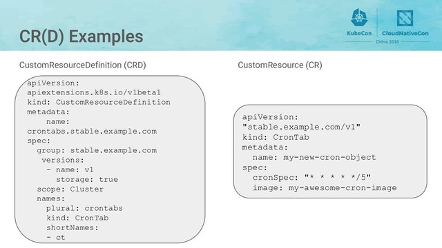 CustomResource (CR)
apiVersion:
apiextensions.k8s.io/v1beta1
kind: CustomResourceDefinition
metadata:
name:
crontabs.stable.example.com
spec:
group: stable.example.com
versions:
- name: v1
storage: true
scope: Cluster
names:
plural: crontabs
kind: CronTab
shortNames:
- ct
apiVersion:
"stable.example.com/v1"
kind: CronTab
metadata:
name: my-new-cron-object
spec:
cronSpec: "* * * * */5"
image: my-awesome-cron-image
CustomResourceDefinition (CRD)
