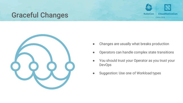 ● Changes are usually what breaks production
● Operators can handle complex state transitions
● You should trust your Operator as you trust your
DevOps
● Suggestion: Use one of Workload types
