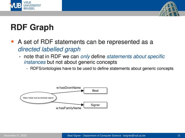 Beat Signer - Department of Computer Science - bsigner@vub.ac.be 12
November 21, 2023
RDF Graph
▪ A set of RDF statements can be represented as a
directed labelled graph
▪ note that in RDF we can only define statements about specific
instances but not about generic concepts
- RDFS/ontologies have to be used to define statements about generic concepts
Beat
Signer
w:hasFamilyName
w:hasGivenName
https://wise.vub.ac.be/beat-signer
