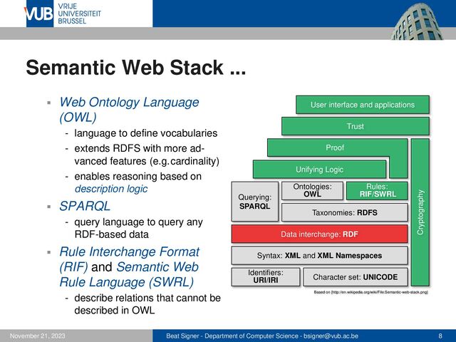 Beat Signer - Department of Computer Science - bsigner@vub.ac.be 8
November 21, 2023
Semantic Web Stack ...
▪ Web Ontology Language
(OWL)
- language to define vocabularies
- extends RDFS with more ad-
vanced features (e.g.cardinality)
- enables reasoning based on
description logic
▪ SPARQL
- query language to query any
RDF-based data
▪ Rule Interchange Format
(RIF) and Semantic Web
Rule Language (SWRL)
- describe relations that cannot be
described in OWL
Character set: UNICODE
Cryptography
Syntax: XML and XML Namespaces
Data interchange: RDF
Taxonomies: RDFS
Ontologies:
OWL
Querying:
SPARQL
Unifying Logic
Trust
User interface and applications
Proof
Rules:
RIF/SWRL
Based on [http://en.wikipedia.org/wiki/File:Semantic-web-stack.png]
Identifiers:
URI/IRI
